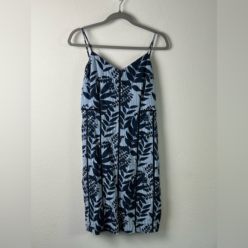 Banana Republic Cotton Sheath Blue & White Stripe with Leaves Pattern Sundress